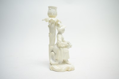 Lot 332 - Derby shepherdess, Derby putto and a Stevenson and Hancock candlestick figure.