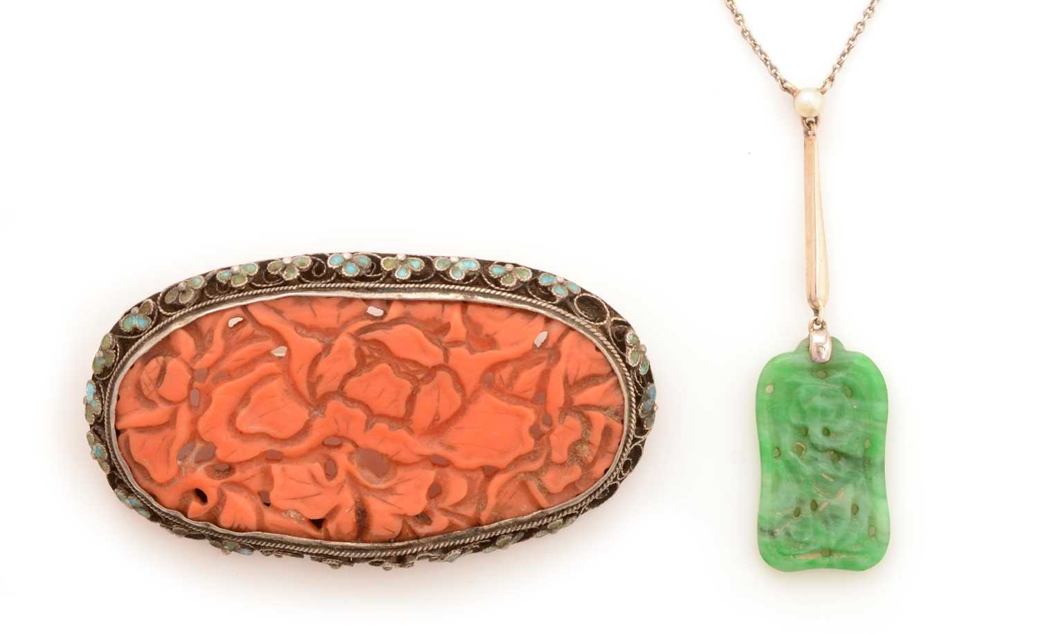Lot 150 - Chinese jade pendant and coral brooch