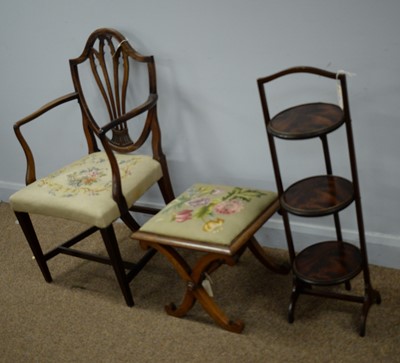Lot 20 - Cake stand, rosewood stool and  an elbow chair