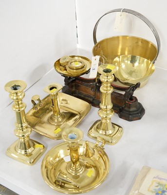 Lot 344 - Pair of W&T Avery scales and a selection of brass wares