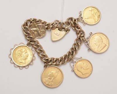 Lot 127 - A 9ct gold curb-link charm bracelet, decorated with a collection of gold coin pendants.