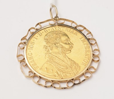 Lot 120 - An Austrian 1915 gold four ducat coin, in a pendant mount.