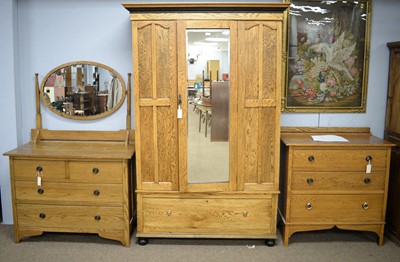 Lot 218 - 1920's oak wardrobe, similar chest and chest of drawers