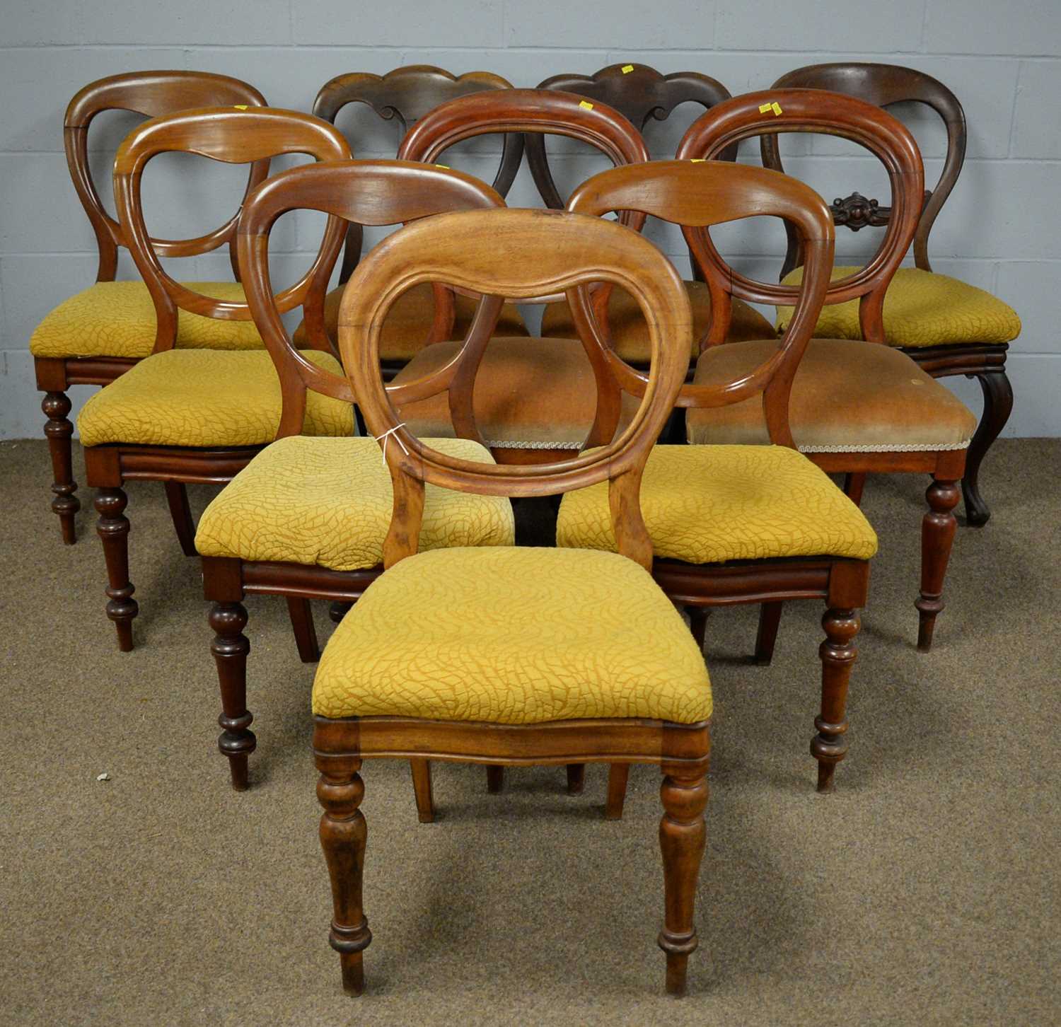 Lot 23 - A Harlequin set of ten Victorian balloon back chairs
