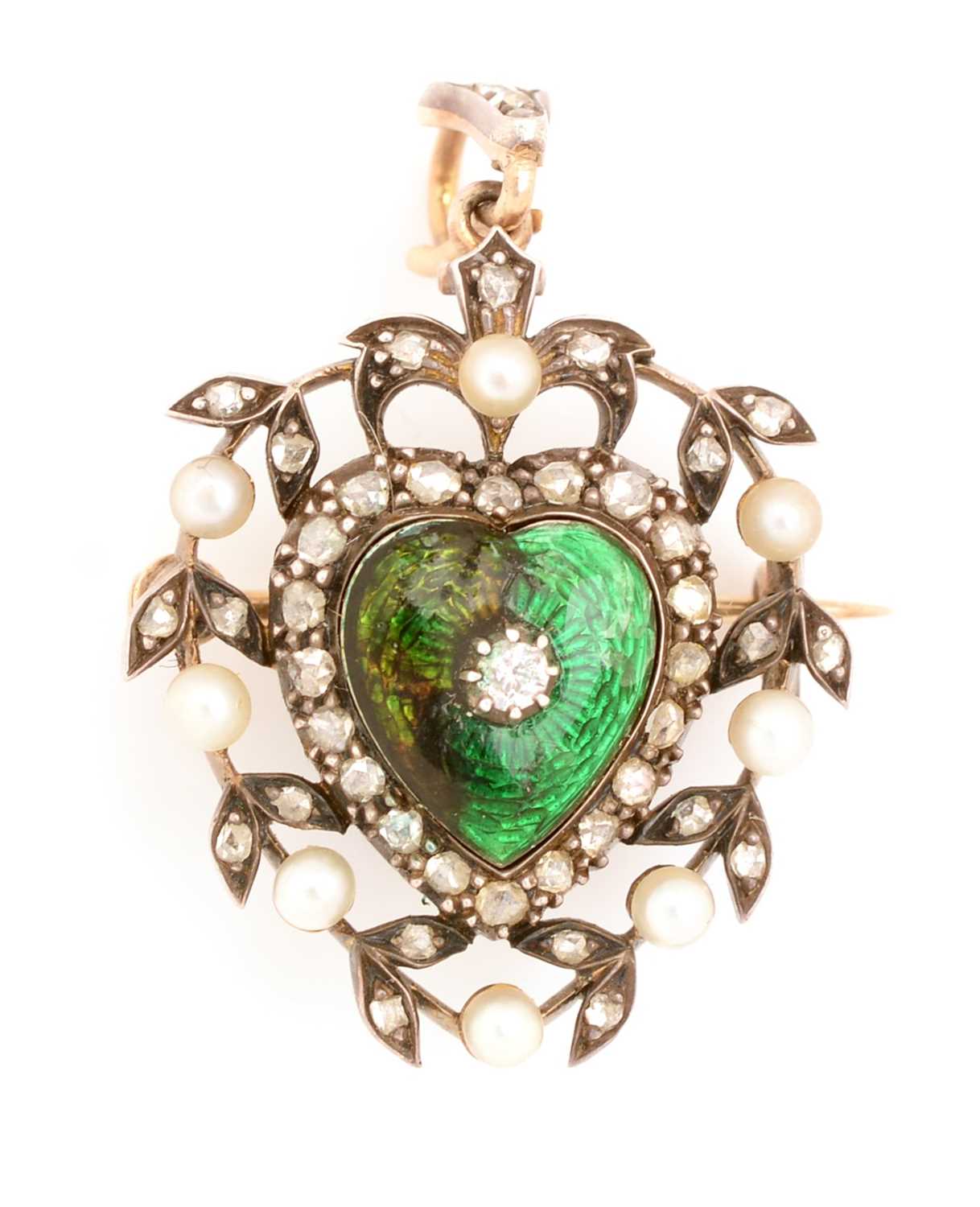 Lot 152 - A Victorian enamel, seed pearl and diamond pendant/brooch