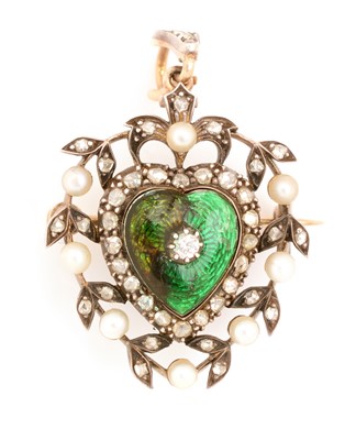 Lot 152A - A Victorian enamel, seed pearl and diamond pendant/brooch