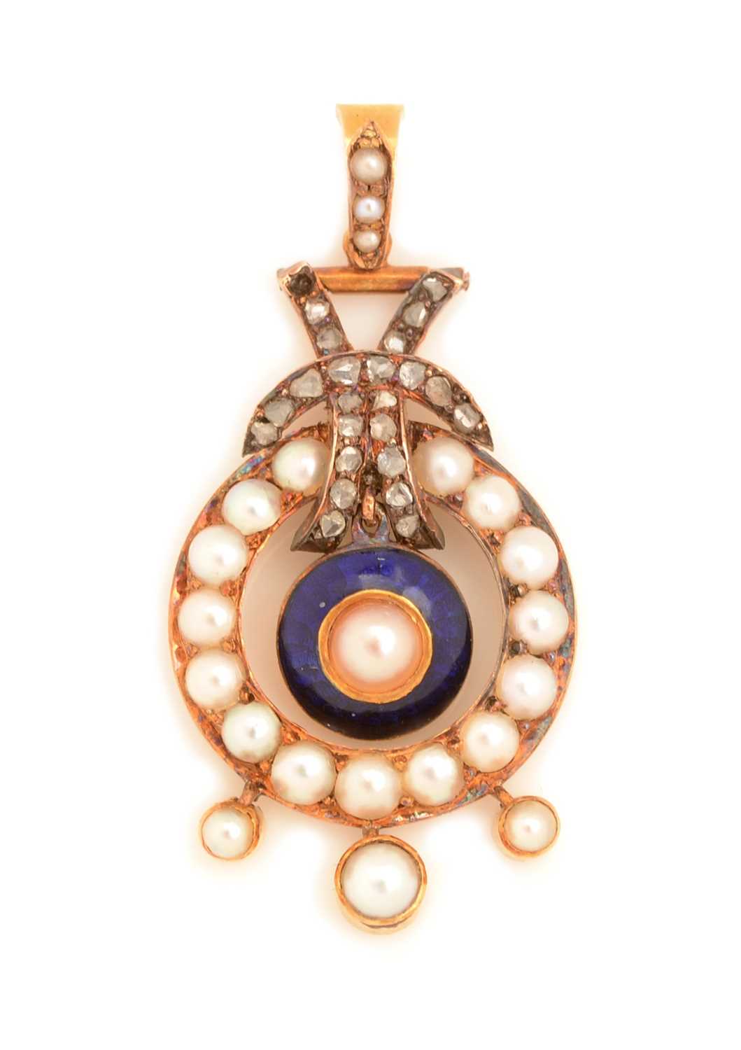 Lot 153 - A Victorian enamel, half-pearl and diamond pendant