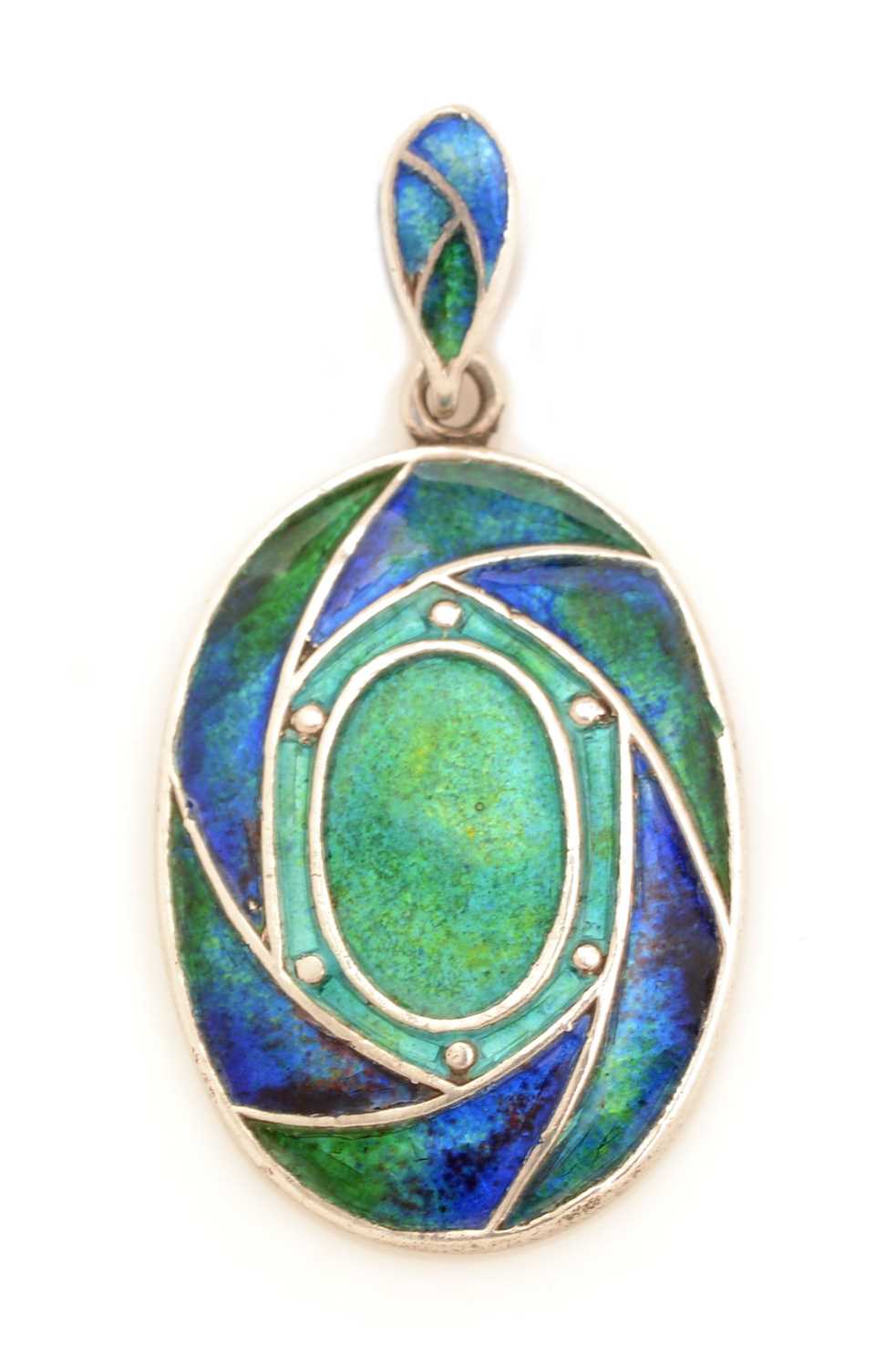 Lot 154 - An Arts & Crafts enamel and silver pendant.