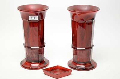 Lot 418 - Pair of Davidson red marbled press moulded panel glass vases and a pin tray