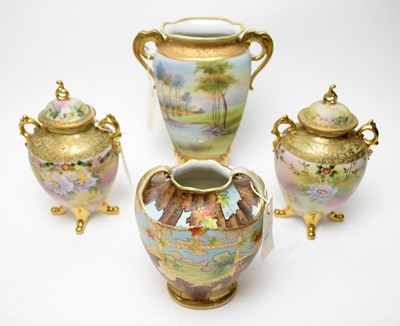 Lot 392 - Pair of Noritake porcelain French style vases and covers and two others