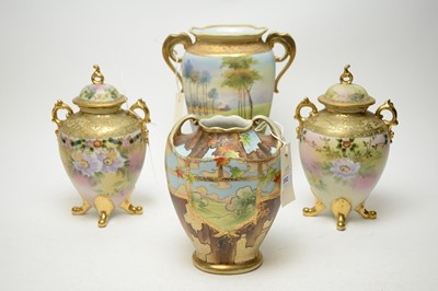 Lot 392 - Pair of Noritake porcelain French style vases and covers and two others