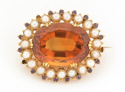 Lot 165 - A late 19th Century citrine, amethyst, and cultured pearl brooch.