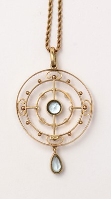 Lot 116 - An Edwardian aquamarine and seed pearl pendant on chain.