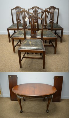 Lot 21 - Early 20th C walnut extending dining table, six Georgian style dining chairs
