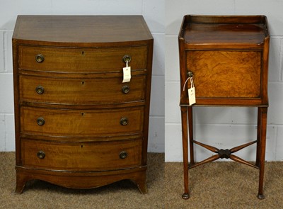 Lot 9 - 20th C George III style bowfront chest of drawers. and a 20th C Regency style walnut pot cupboard.