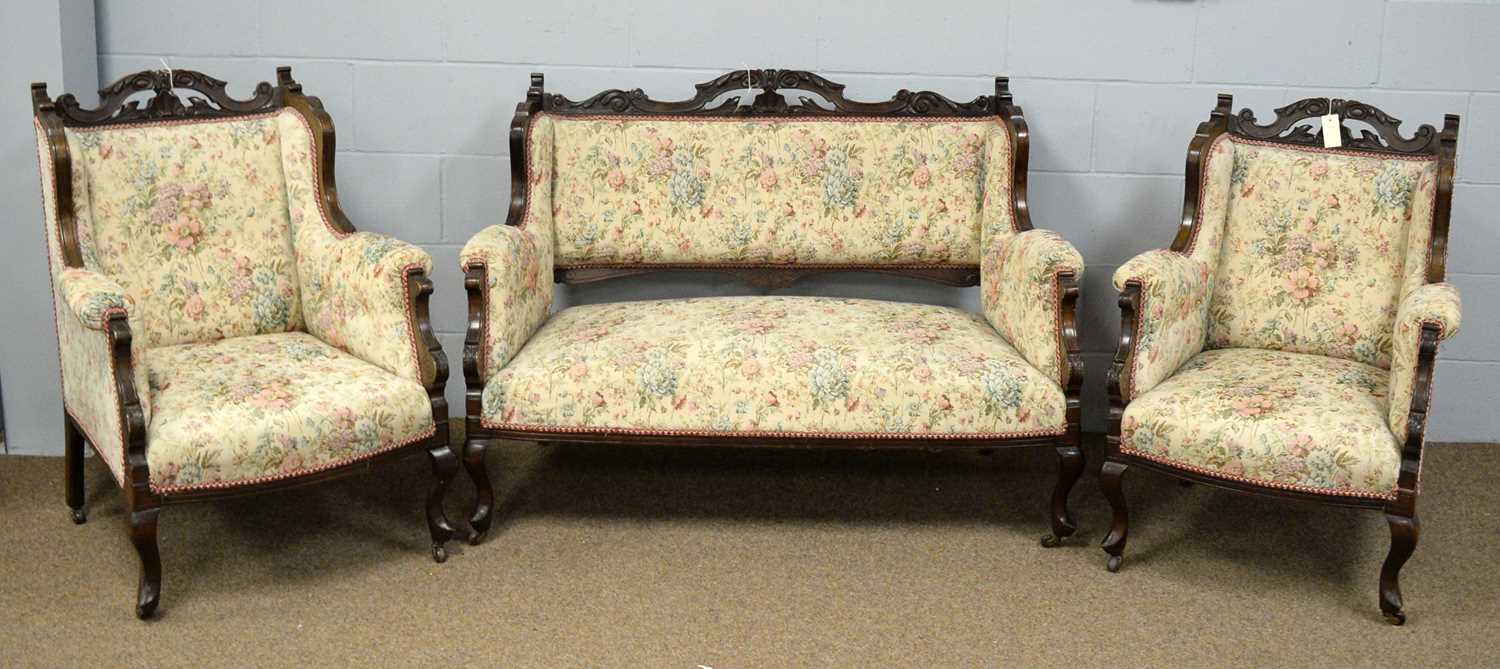 Lot 20 - Victorian stained beech three-piece salon suite.
