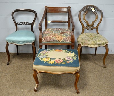 Lot 16 - Selection of three chairs and a stool.