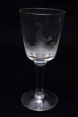 Lot 542 - Four engraved cock fighting wine glasses