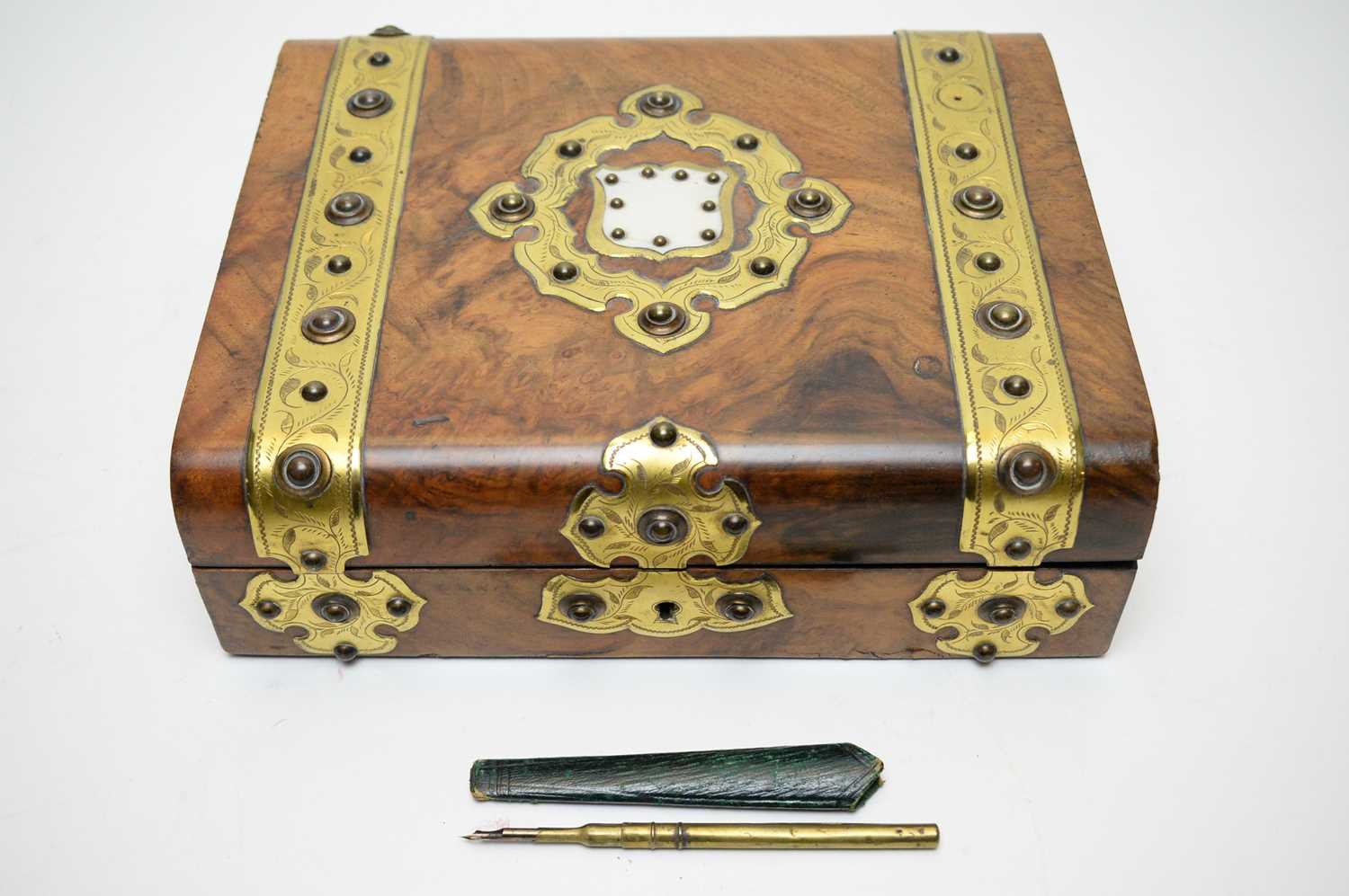Lot 454 - Victorian brass and walnut writing box.