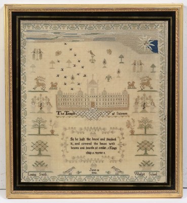 Lot 759 - An early Victorian 'Temple of Solomon' needlework sampler by Louisa Smith.