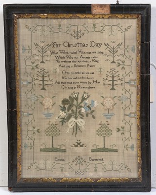 Lot 760 - A George IV 'Christmas Day' needlework sampler by Letitia Baverstock.