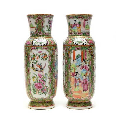 Lot 440 - Pair of Cantonese famille rose vases