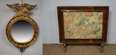 Lot 70 - 20th C Regency style mirror; and early 20th C rosewood needlework firescreen.