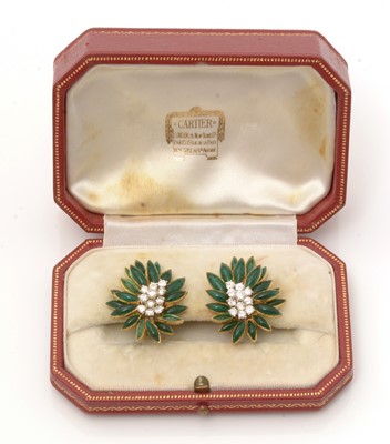 Lot 98 - Cartier, Paris: a pair of enamel, diamond and 18ct yellow gold earrings.