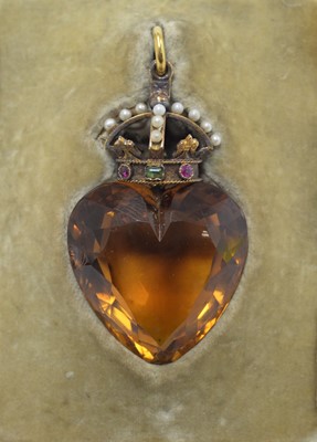 Lot 106 - A citrine, seed pearl and gemstone heart and crown pattern pendant