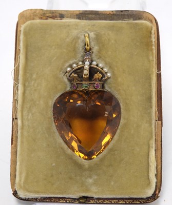 Lot 106 - A citrine, seed pearl and gemstone heart and crown pattern pendant