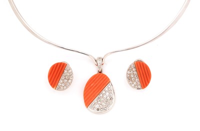 Lot 109 - Asprey & Co Ltd: a coral, diamond and 18ct white gold necklace and earrings