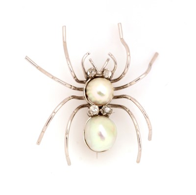 Lot 110 - Diamond, baroque pearl and white metal spider brooch
