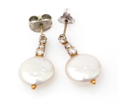 Lot 111 - Diamond, baroque pearl and yellow gold drop earrings