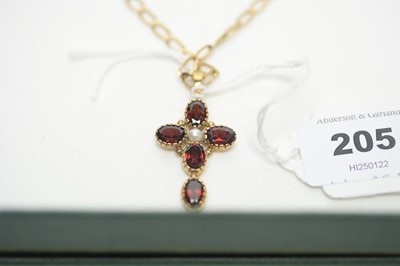 Lot 205 - A 9ct gold garnet and pearl cruciform pendant and earrings