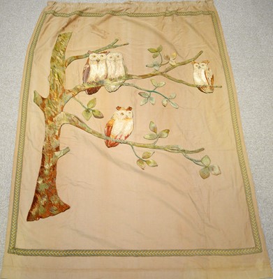 Lot 762 - An Arts and Crafts half tester bed drape depicting owls