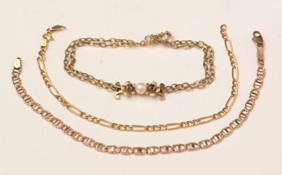 Lot 148 - Three gold bracelets, one set with sapphires and a pearl