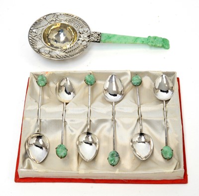 Lot 175 - Chinese silver and jade tea strainer and teaspoons.
