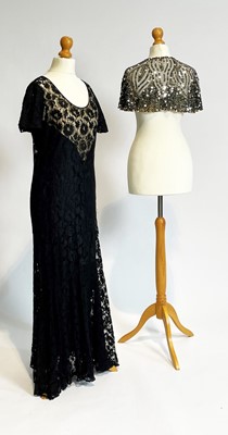 Lot 787 - A 1920s sheer lace evening dress and Flapper sequin-spangled capelet