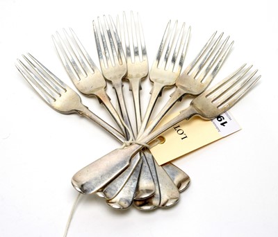 Lot 198 - A matched set of seven Georgian and Victorian silver dessert forks