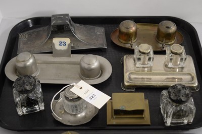 Lot 323 - Selection of silver-plated inkstands; and brass and glass inkwells.