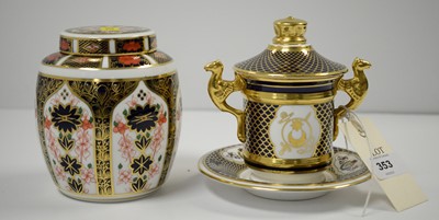 Lot 353 - Royal Crown Derby ginger jar and a Spode twin handled cup