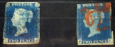 Lot 837 - Two GB QV 2d blues 1840