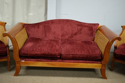 Lot 49 - Modern mahogany Bergere sofa and two armchairs.