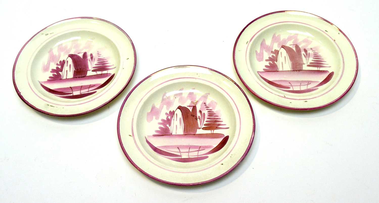 Lot 513 - Three Wedgwood pink lustre pearlware plates