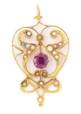 Lot 76 - An Edwardian ruby and seed pearl pendant