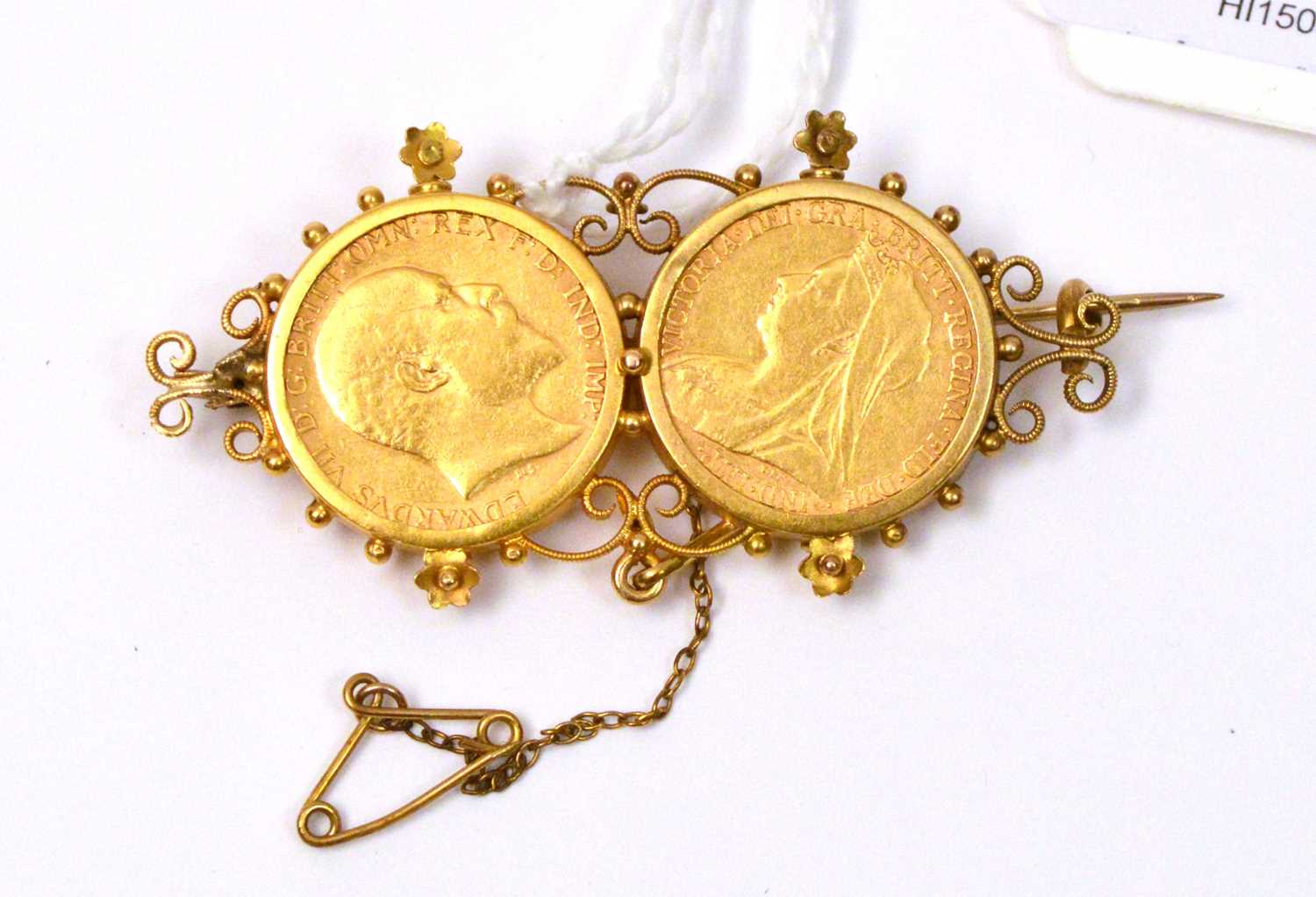 Lot 123 - Two gold half sovereigns, in brooch mount