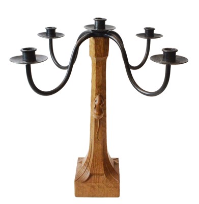 Lot 589 - An oak and wrought iron candelabra by Robert 'Mouseman' Thompson