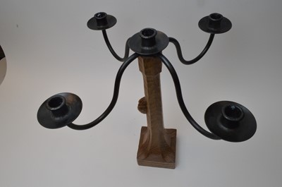 Lot 589 - An oak and wrought iron candelabra by Robert 'Mouseman' Thompson