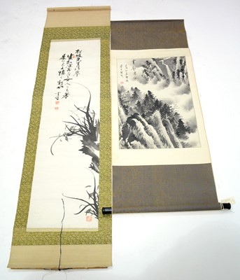 Lot 479 - Monochrome scroll painting, another calligraphy with grasses