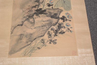 Lot 475 - Chinese scroll painting Rooster, another Lotus and insects